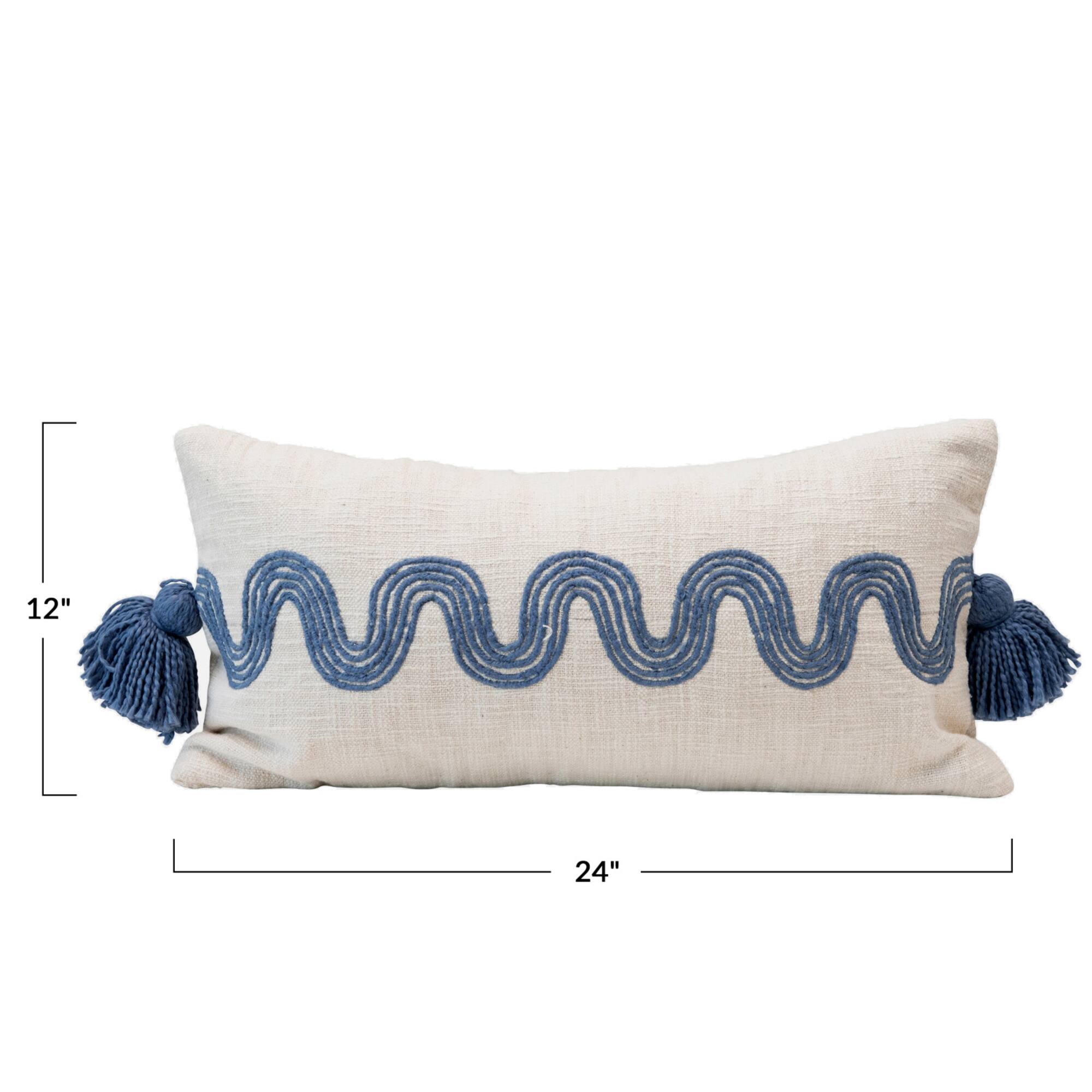 Hello Honey® Cream & Blue Lumbar Pillow with Embroidered Curved Pattern & Tassels